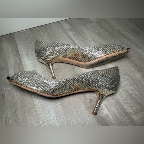 Jimmy Choo Gold/Silver Glitter Isabel Peep Toe Pumps Size 37 us 6.5 - Picture 7 of 7